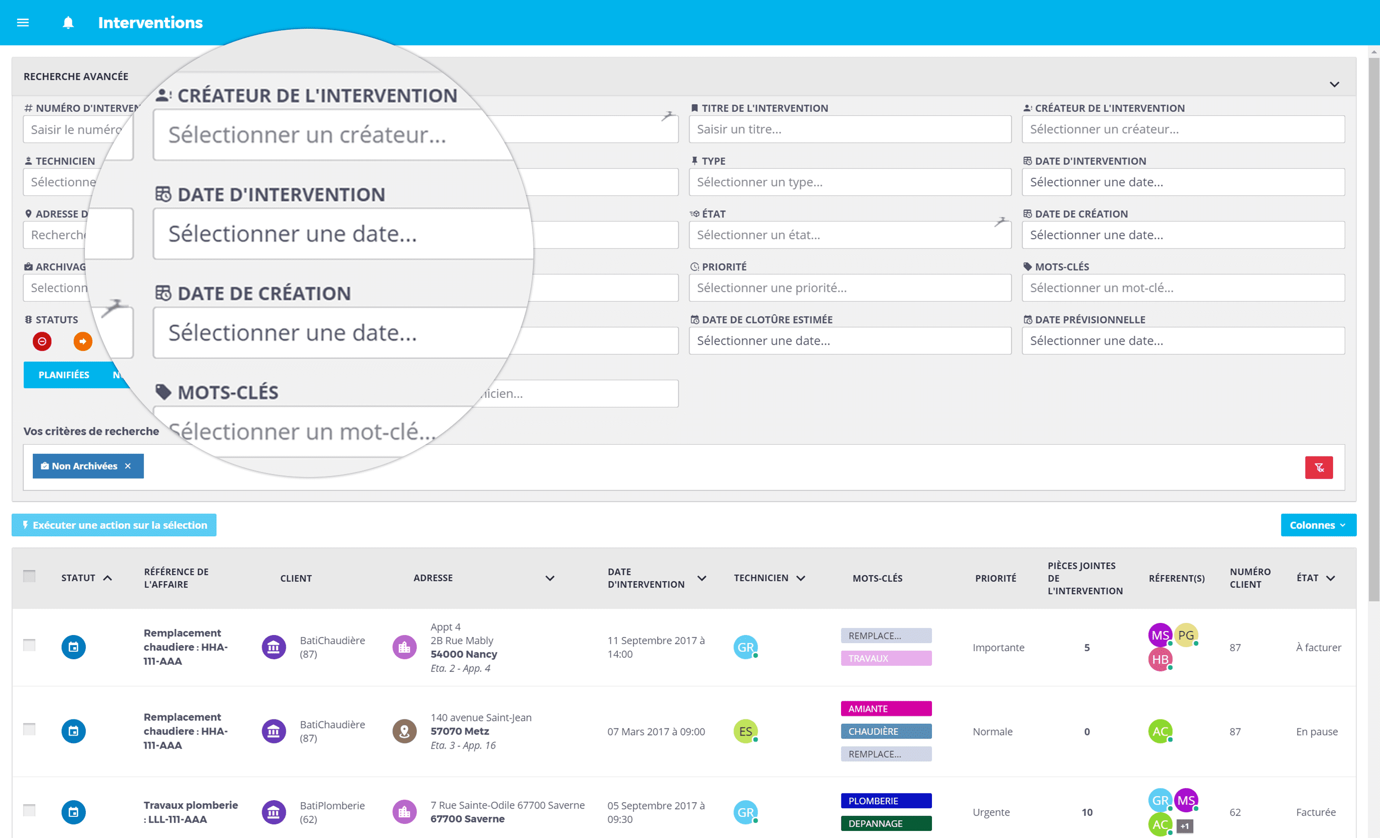 Fonction de recherche avancée dans le logiciel SOLITECH