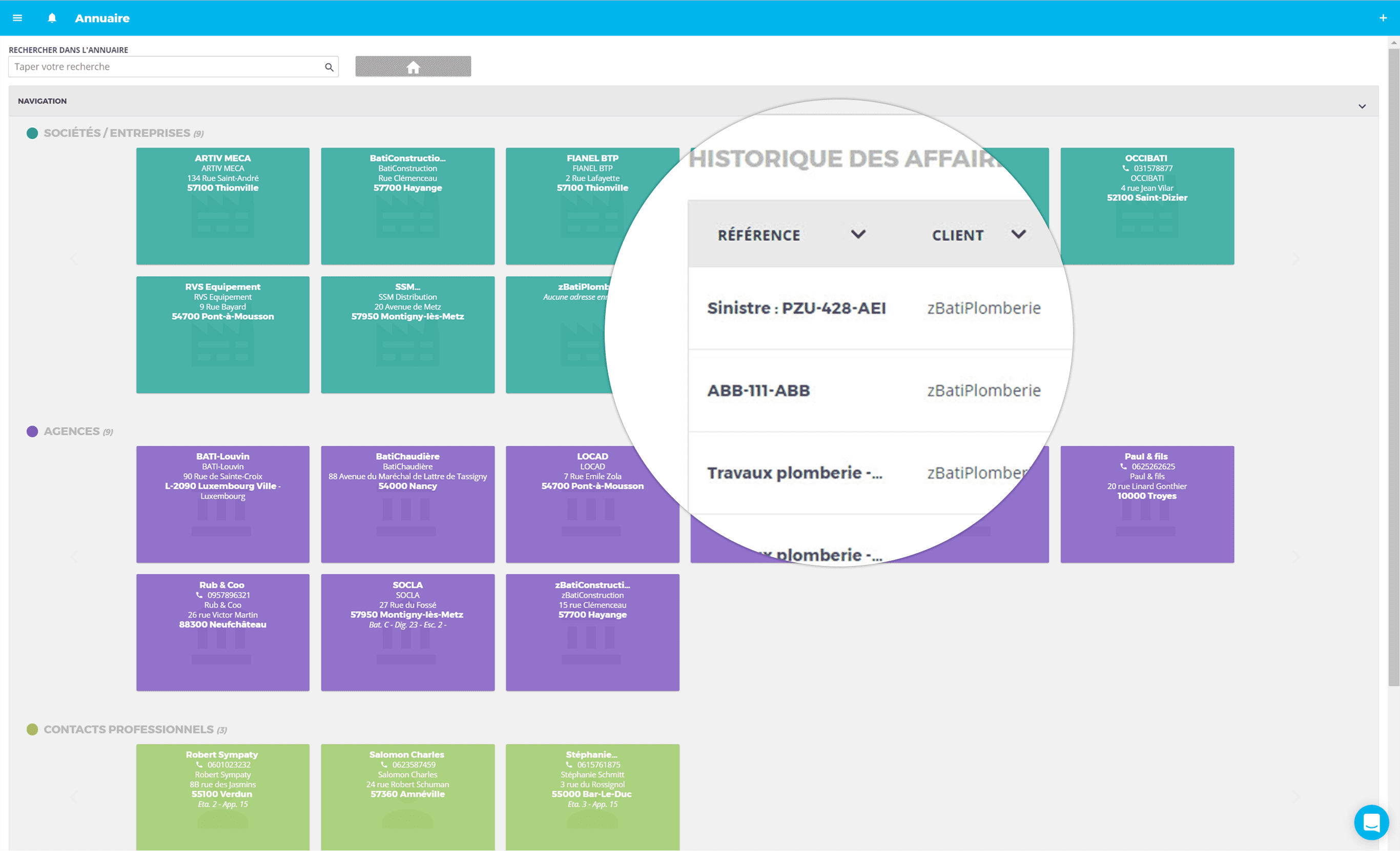 Historique des affaires et interventions liées à un contact